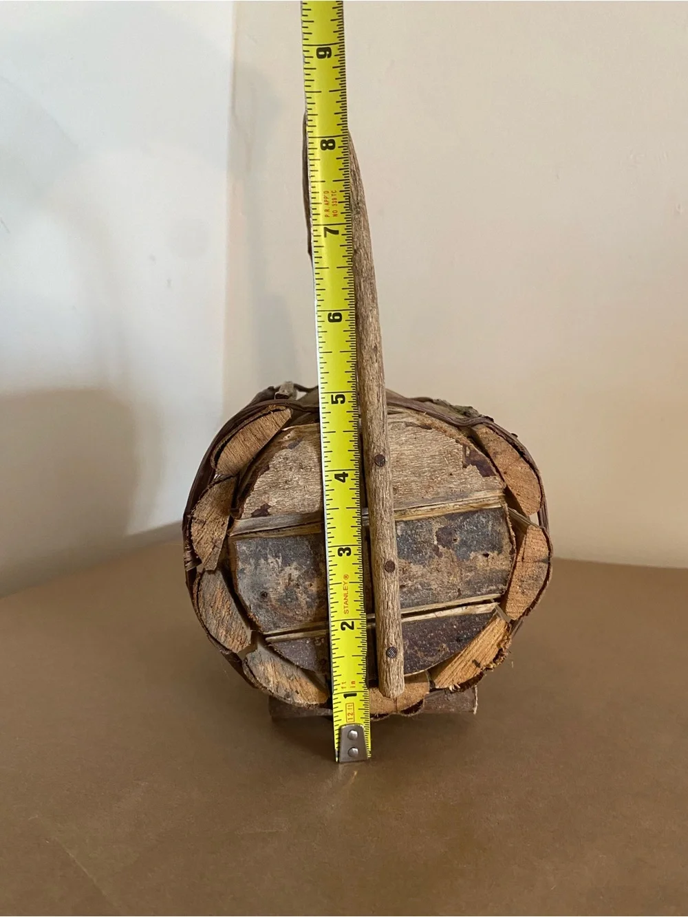 Rustic Natural Wood Handle Barrel Basket Brown with nails, vine wrapped decor